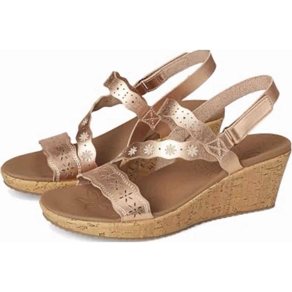 NIB Cali Skechers 10 Beverlee Cherished Aura Cork Wedge Sandal Rose Gold Vegan